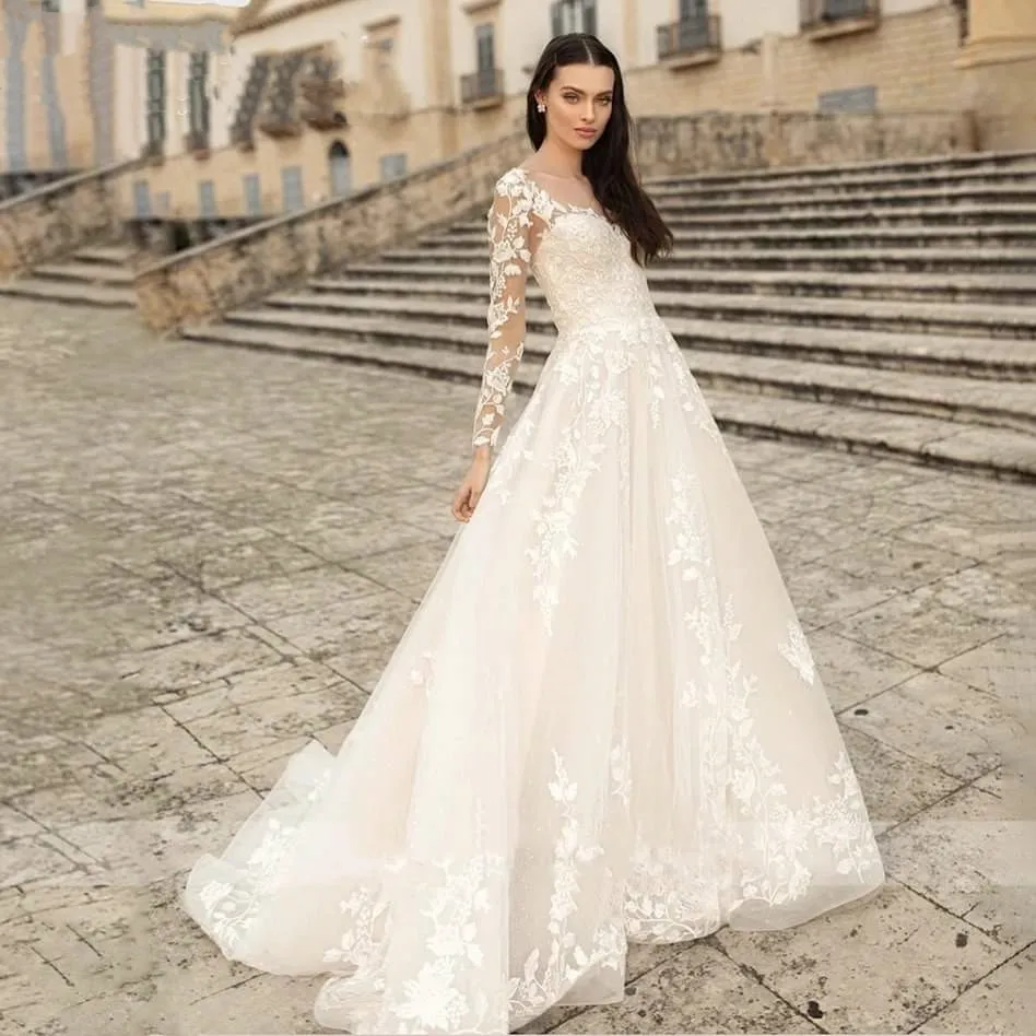 Elegant Sweetheart Wedding Dresses 2024 Lace A-Line Long Sleeve Bridal Gown Applique new Tulle 2025 Vestidos De Novia Lace-Up Sweep Train