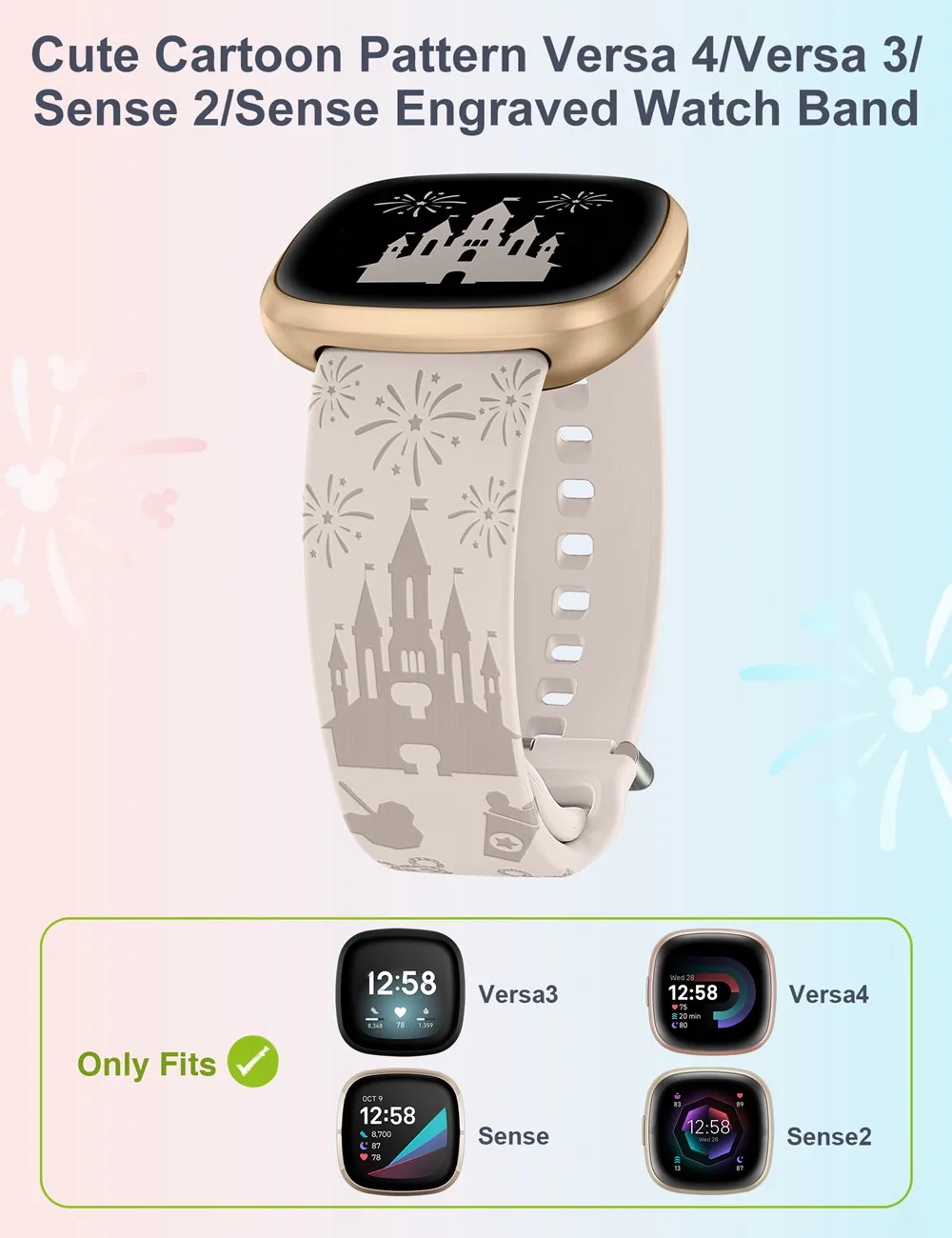 Wearlizer Castle Engraved Band for Fitbit Versa 4/Versa 3/Sense 2/Sense Women Soft Silicone Sport Solo Loop Strap for Versa 4