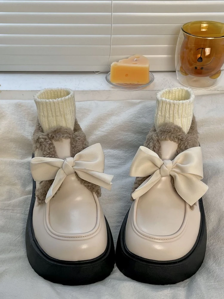 Winter Japanese Sweet Platform Shoes Women Warm Bow Vintage Kawaii new 2025 Plush Shoes Female Pure Color Casual Comfortable Shoes 2023