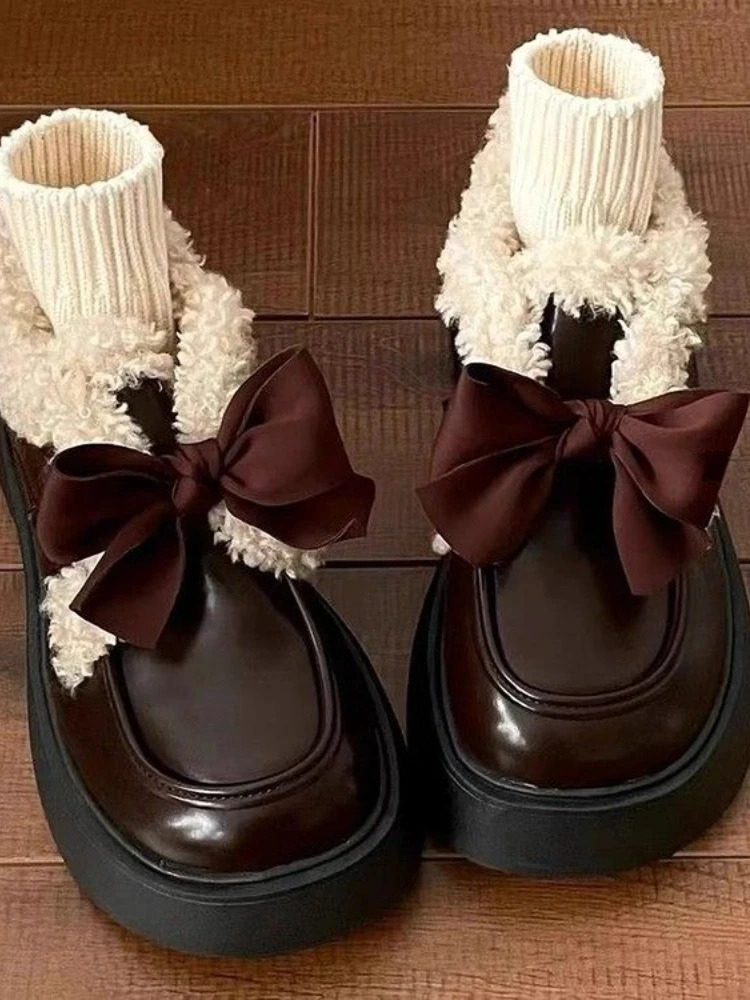 Winter Japanese Sweet Platform Shoes Women Warm Bow Vintage Kawaii new 2025 Plush Shoes Female Pure Color Casual Comfortable Shoes 2023