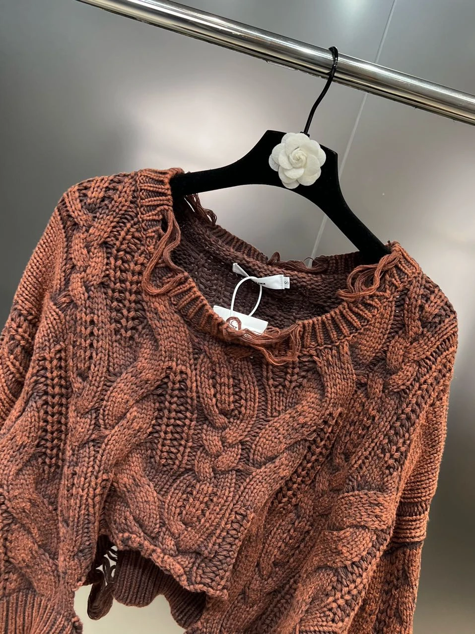 PREPOMP 2023 Autumn New Arrival Long Sleeve Round Neck Ripped Holes Loose Sweater Women Brown Knitting Pullover GL760