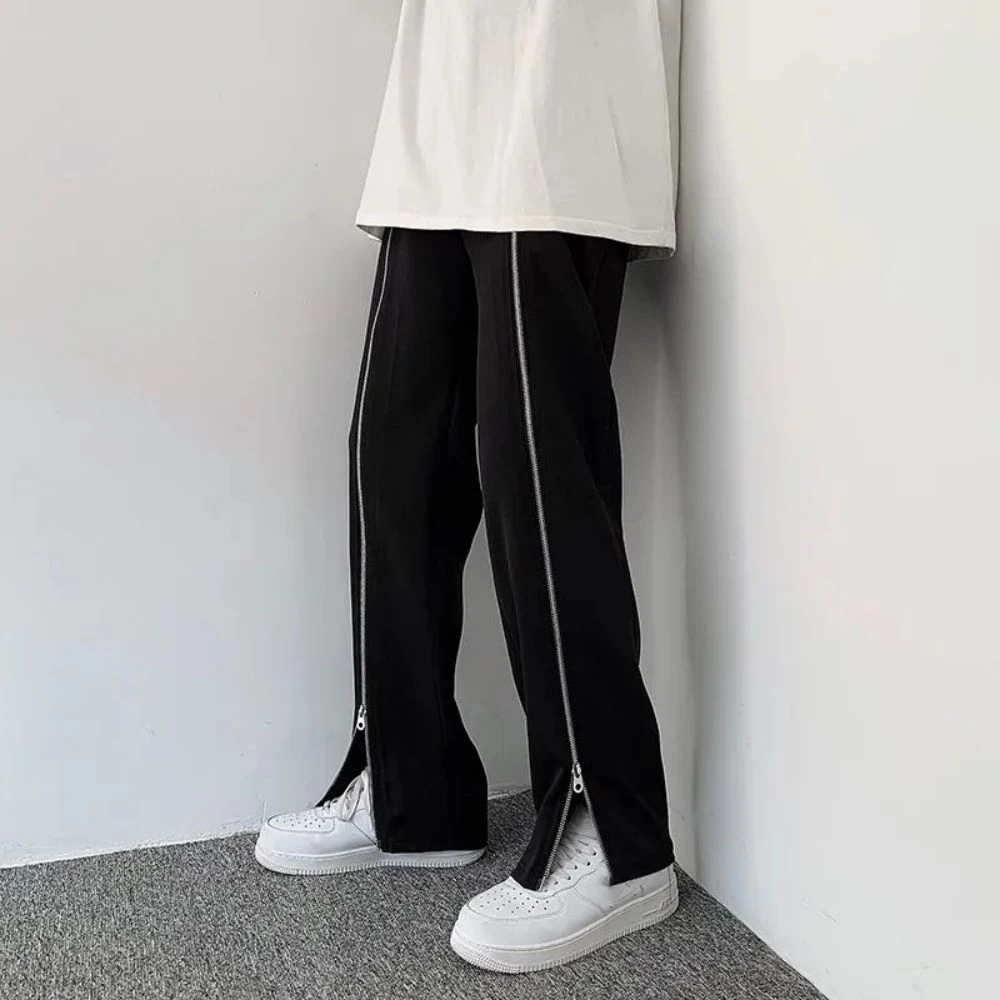 Korean Zipper Design Trendy Men Straight Pants Casual Chic Black Trousers new 2025 Personalized Trendy High Street Male