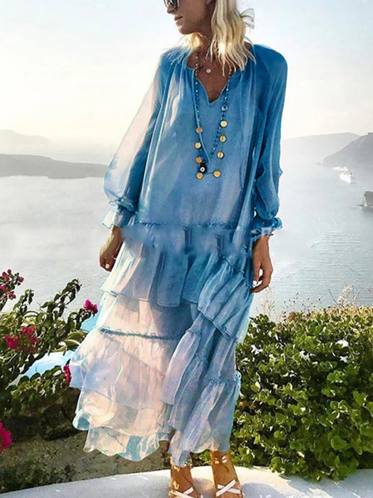 CHICEVER Spring Patchwork Ruffles Womens Dresses V Neck Petal Sleeve Loose Perspective Holiday Dress Fashion Clothes 240319