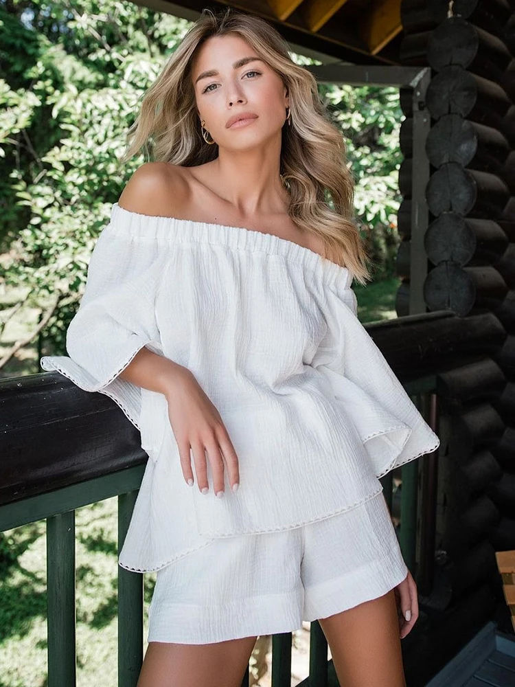 2025 Linad Off new Shoulder Women's Nightwear Sexy 2 Piece Sets Lace Sleepwear Female Casual Suits With Shorts Loose Pamas Spring 2023