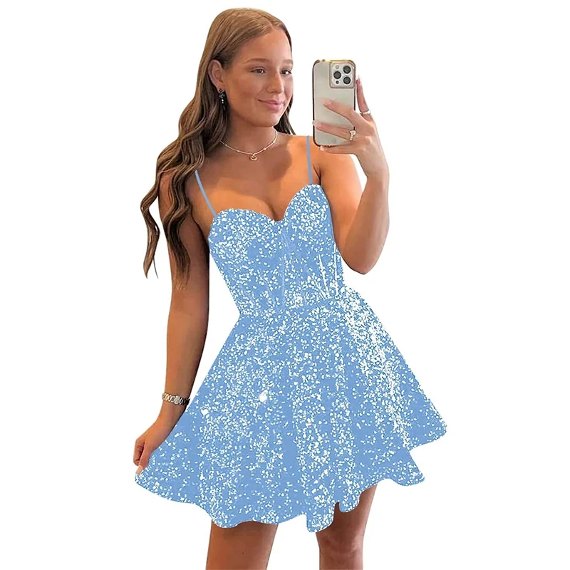 Doymeny Short Spaghett Sequins Homecoming Dresses Sparkly Midi Cocktail Party Pleat Gowns Prom Teen Formal Evening Vestido De