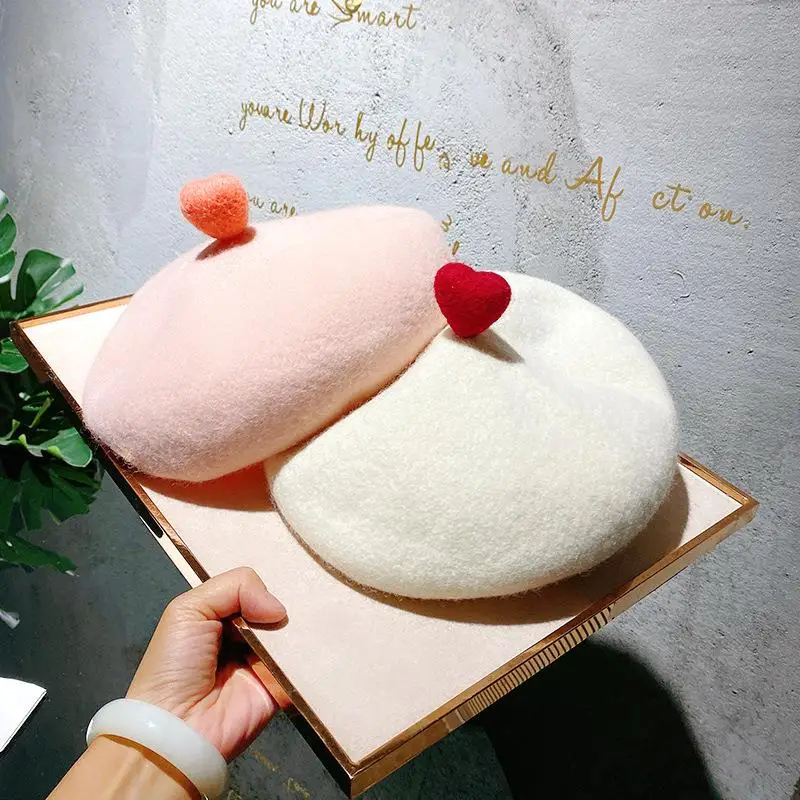 Women Sweet Wool Felt Love Beret Painter Hat Parent Child Handmade new Heart Girls 2025 Cute Woolen Hat