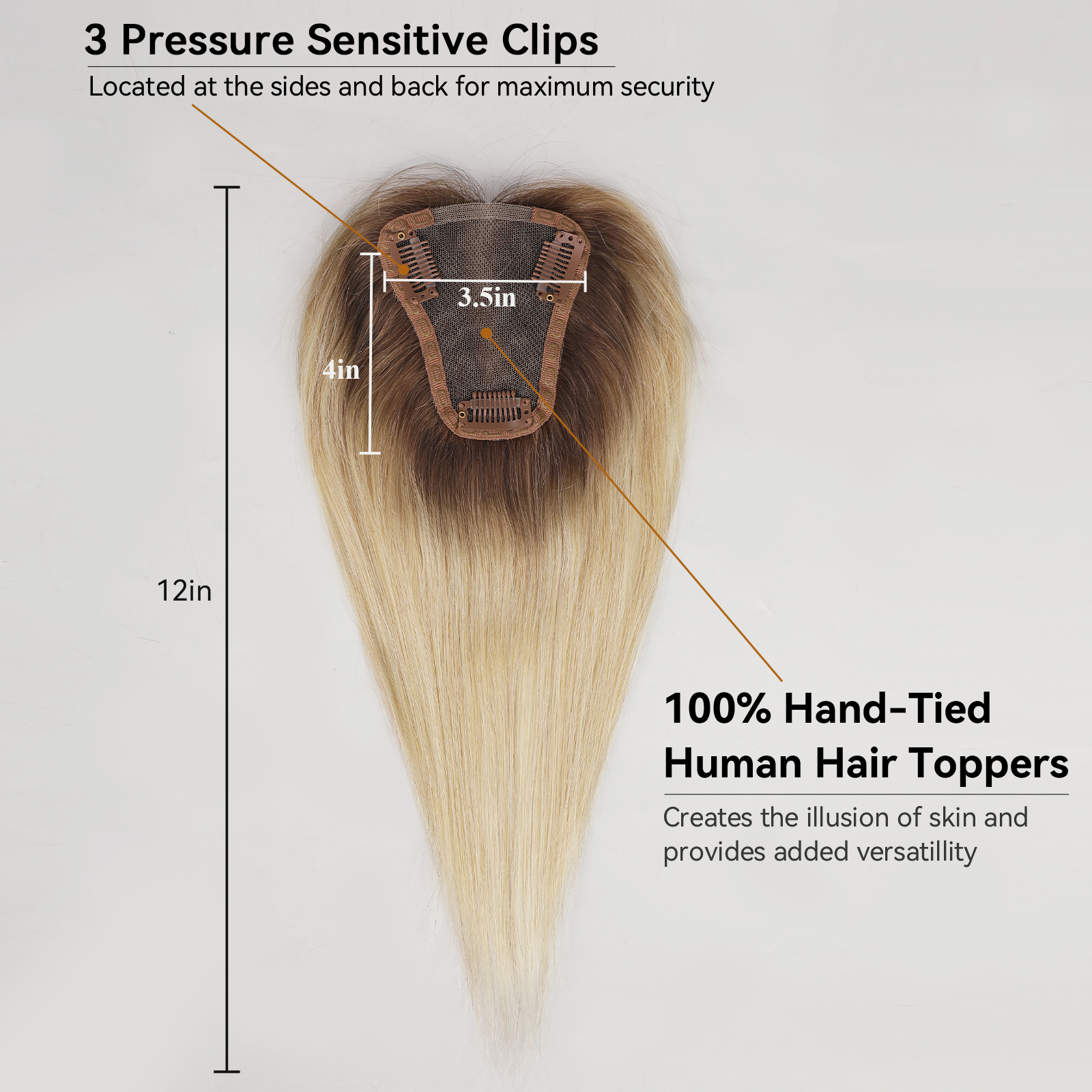 Brown Blonde Ombre 100% Remy Human Hair Toppers for Women 12 Inch Straight Middle Part Human Hair Piece Silk Base Clip in Topper