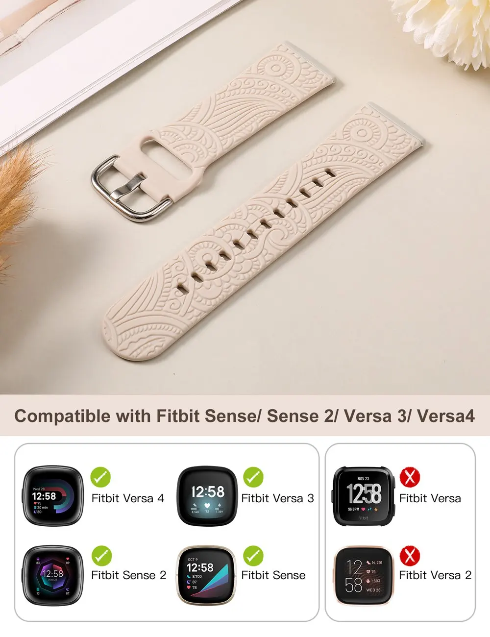 Toyouths Floral Engraved Band for Fitbit Sense 2/Versa 4/Versa 3/Sense Soft Silicone Sport Solo Loop 2025 new Strap for Women Men