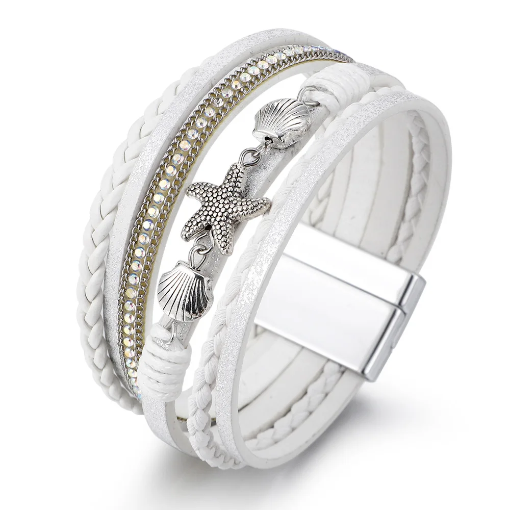 2023 New Multilayer Leather Bracelet for Women Summer Shell Starfish Accessories Bohemian Style Leather new 2025 Magnet Buckle Bracelet