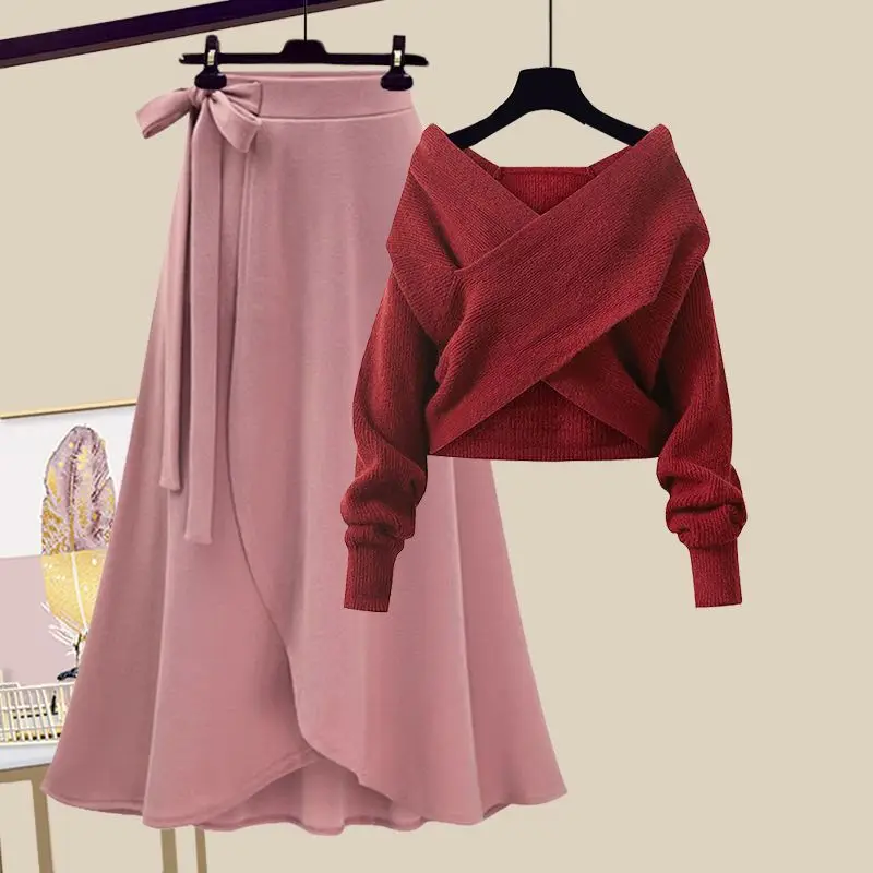 Spring/Summer Set 2025 Women's 2023 New Large Women's Korean Slim new Cross Sweater High Waist Half Skirt Two Piece Set Fashion
