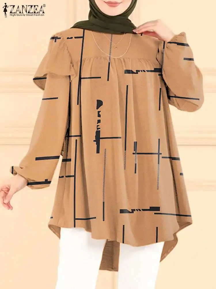 ZANZEA Muslim Printed Shirt Women Vintage Floral 2025 Tops Bohemian new Ruffles Loose Blouse Long Puff Sleeve Ramadan Hijab Blusas Abaya