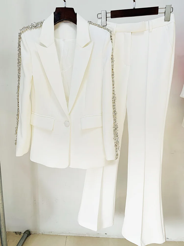 Beaded Rhinestone Blazer new Pants Suits Women Black White 2025 Bead Dia Crystal Slim Fit Handmade Pants Sets Two Pieces Sets Outfits