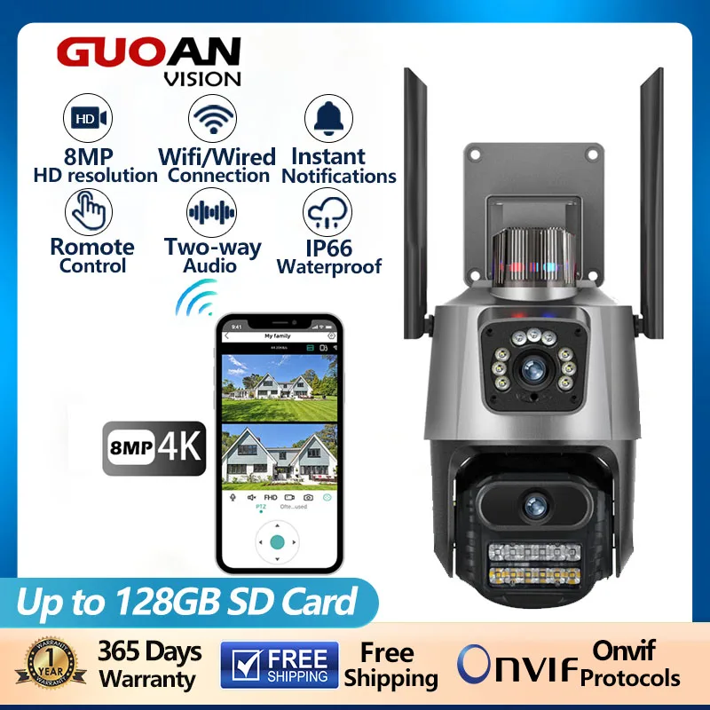 4k 8mp Wifi Smart Survalance Camera Dual Lens Waterproof Monitor Police Light Alarm Ip Security Protection