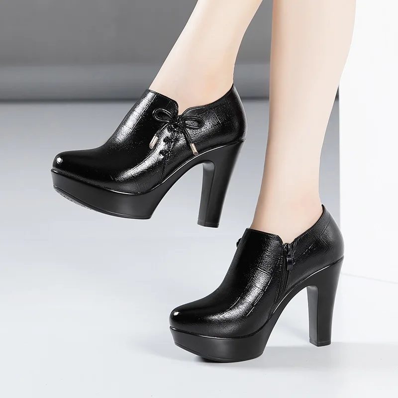 Small Size 32-43 Quality Decent Soft Leather Shoes Women's Platform Pumps for Office Work new 2024 Block High Heels 2025 Shoes with Fur
