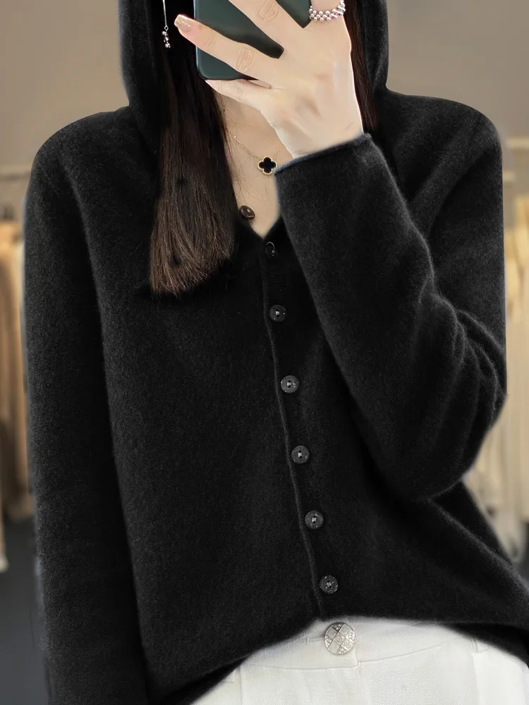 Aliselect Spring Autumn Female 100% Merino Wool Sweater Women Knitted Gingrich Cardigan Knitwear Loose Hoodie Clothing Tops