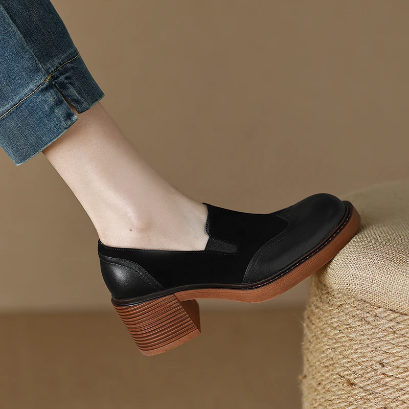 2023 new 2025 Spring Women Shoes Round Toe Platform Shoes Genuine Leather Casual Thick Heel Women Pumps Handmade Shoes High Heel