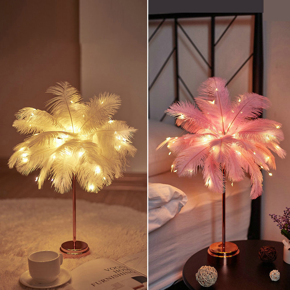 Pink Feather Lamp LED Atmosphere Feather Table Lamp Night Lights Bedside Lamps Desk Light for Wedding Home Bedroom Decoration