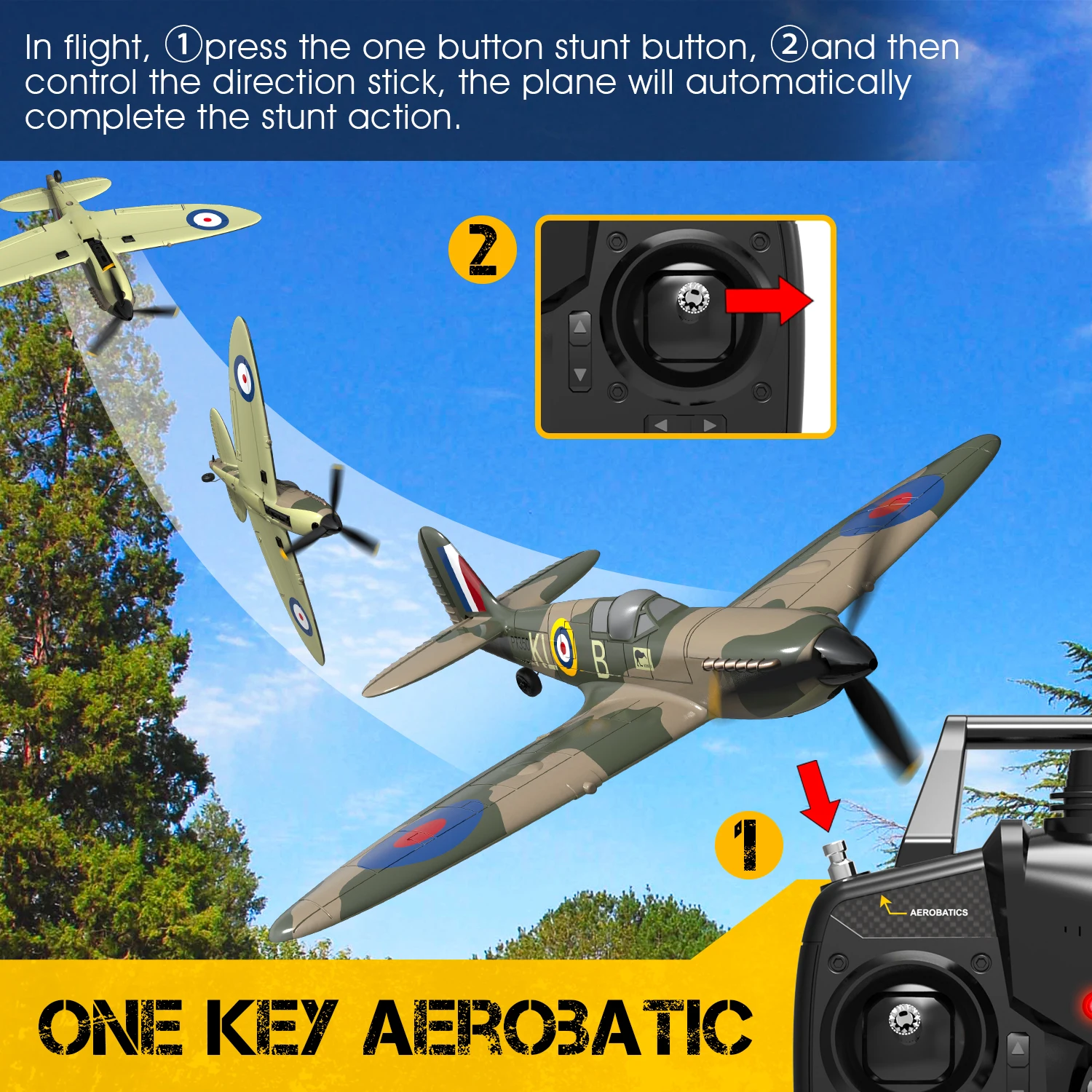 Spitfire RC Plane 2.4G 4CH EPP 400mm Fixed Wingspan Remote Control Fighter One-key Aerobatic RTF 761-12 RC Aircraft