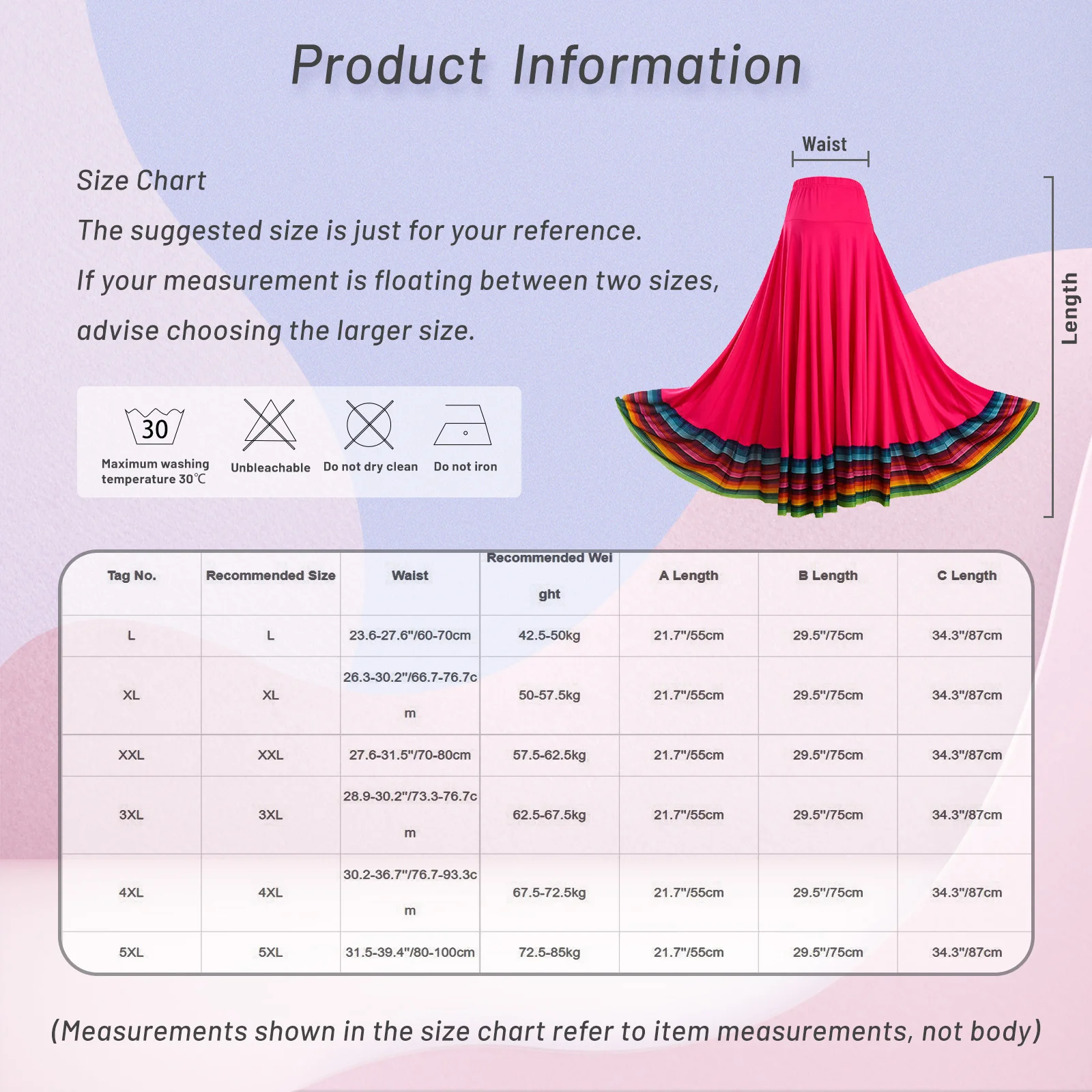 Womens Folklorico Dance Skirts Spanish Folkloric Mexican Flamenco Full Circle Performance Costume Colorful Stripe Hem Skirt