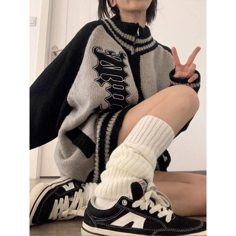 Deeptown Streetwear Y2k Zip Sweater Cardigan Women Retro 2025 Grey Striped Patchwork new Oversize Letter Jumper Korean Style Knitted Top