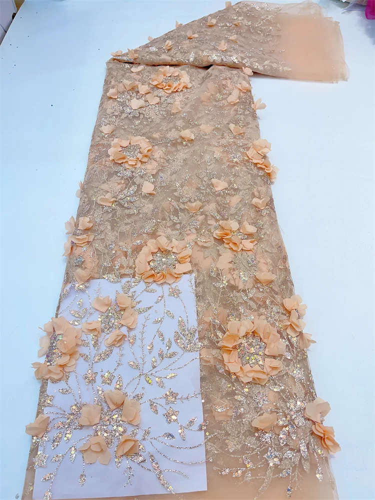 African Glue Sequins Tulle Lace Fabric French High Quality 3d Embroidery 5 Yards Nigerian Lace Fabrics For Party Dress