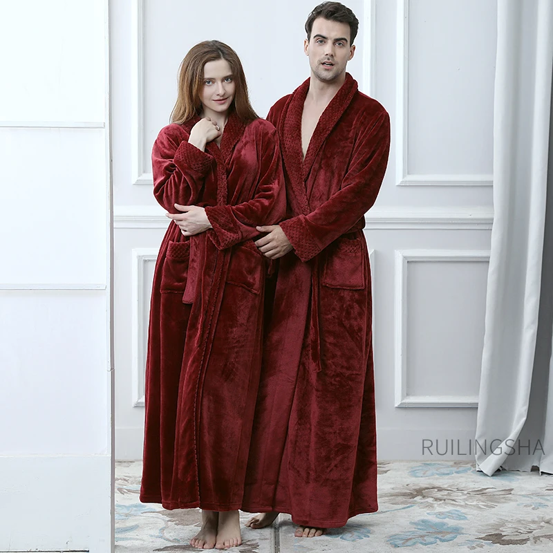 Men Winter Plus Size Extra Long Flannel Bathrobe Thick Warm Solid Shell Coral Fleece Bath Robe Women Dressing Gown Hot Sleepwear
