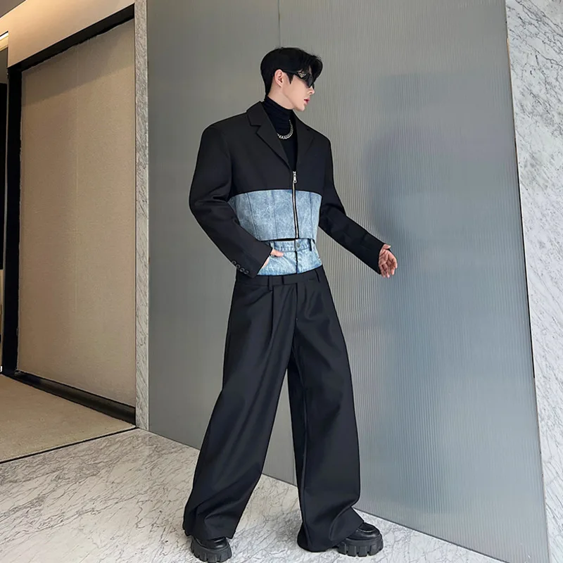 NOYMEI Two Denim Pieces Set Patchwork Men's Short Zipper Blazer Straight Wide Leg Casual Suit Pants Autumn 2024 New Chic WA2922