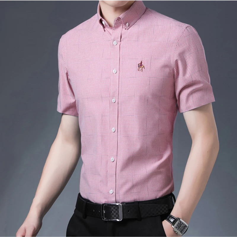 2025 new 2023 Men's Short Sleeve Bamboo Fiber Plaid Stretch Casual Shirts Embroidered Horse Standard-fit Wrinkle Resistant Clothes