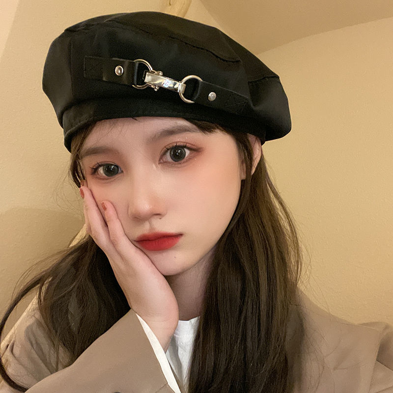 Y2K Cool new Girl Japanese Beret Cap Women's Spring Summer New Cute Retro 2025 Wild Metal Buckle Plaid Temperament Painter Hat Gorras