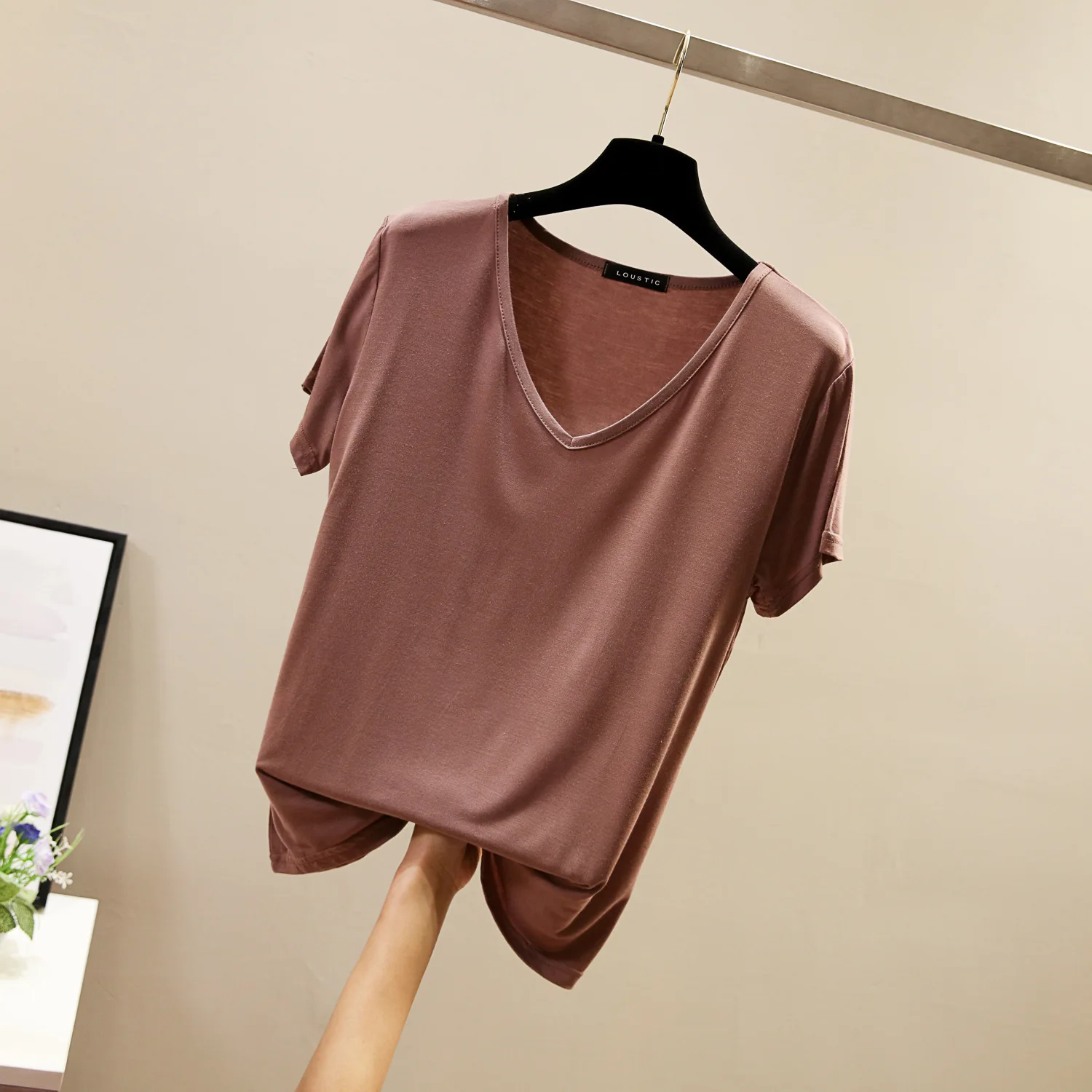 Plus size V-Neck Tshirt Women Summer Loose Tees Modal casual 2025 new T-shirt Solid color Bottoming Tee Tops