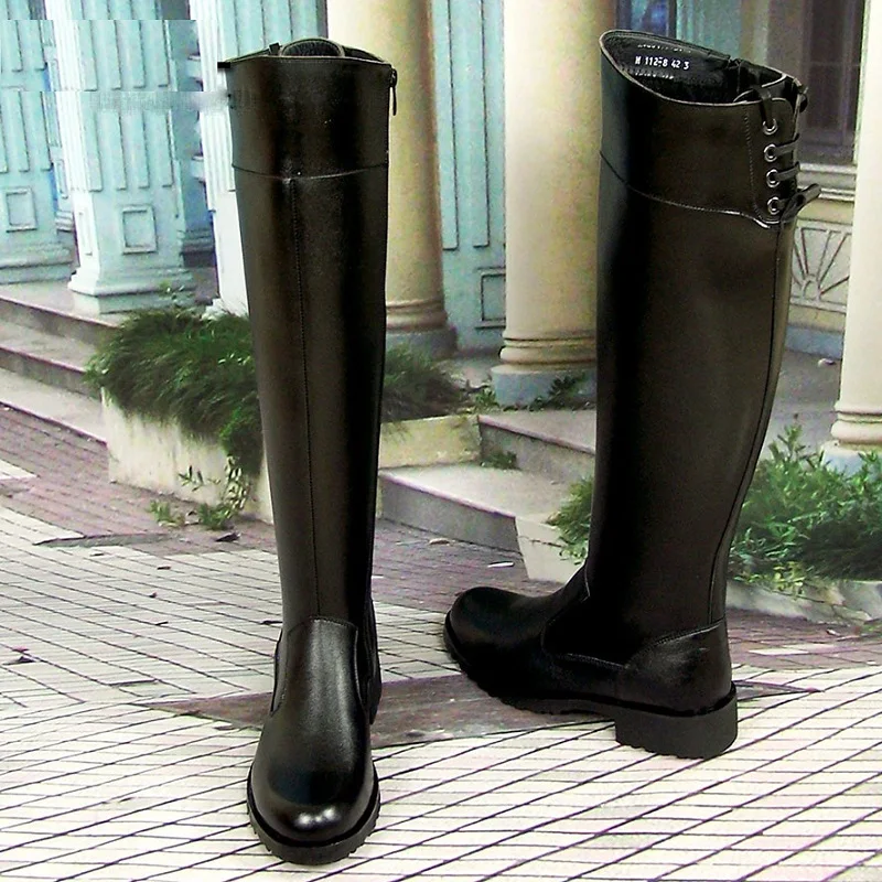 Men Genuine Leather Motorcycle Boots High Equestrian Boots Winter Male Plush Long Knee-high Military Tactical Boots Knight Boots