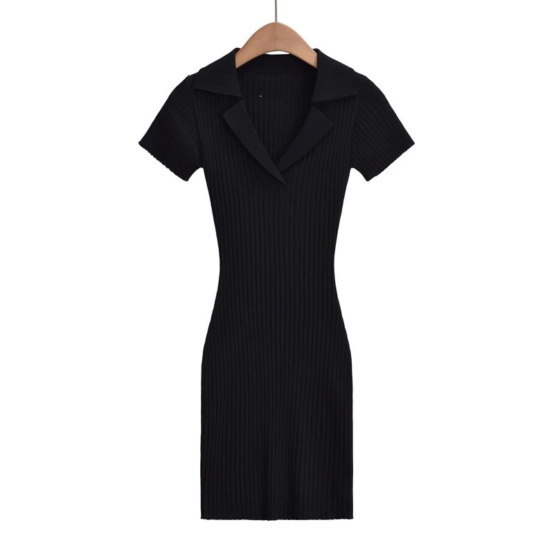 Party Dresses Mini For Women 2024 Summer Knitted Short Sleeve Dress Bodycon Black Polo Neck Vintage Clothes One Pieces