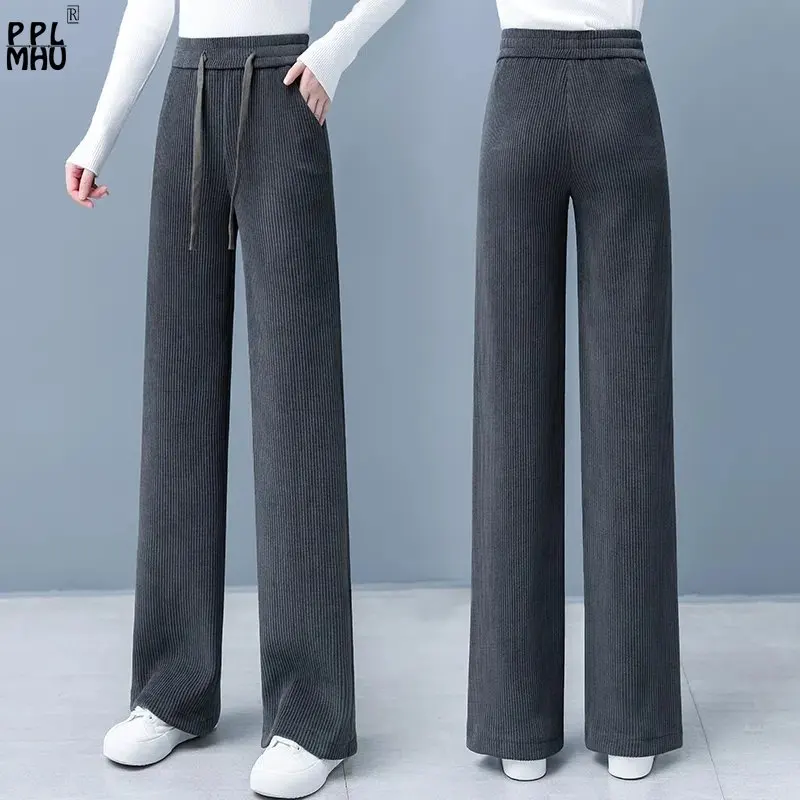 Basic Lace 2025 Up Baggy Pantalones Mom Spring Autumn Solid Color High Waist Straight new Trousers Casual Corduroy Wide Leg Pants Women