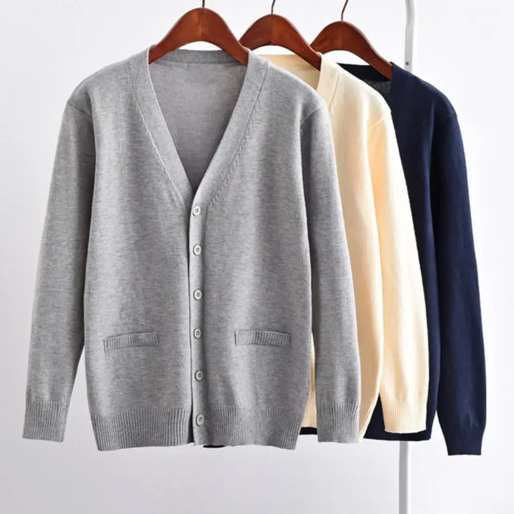 Student Sweater Solid Color Long Sleeve Single-breasted Daily Wear V Neck Preppy Style Sweater Coat For School