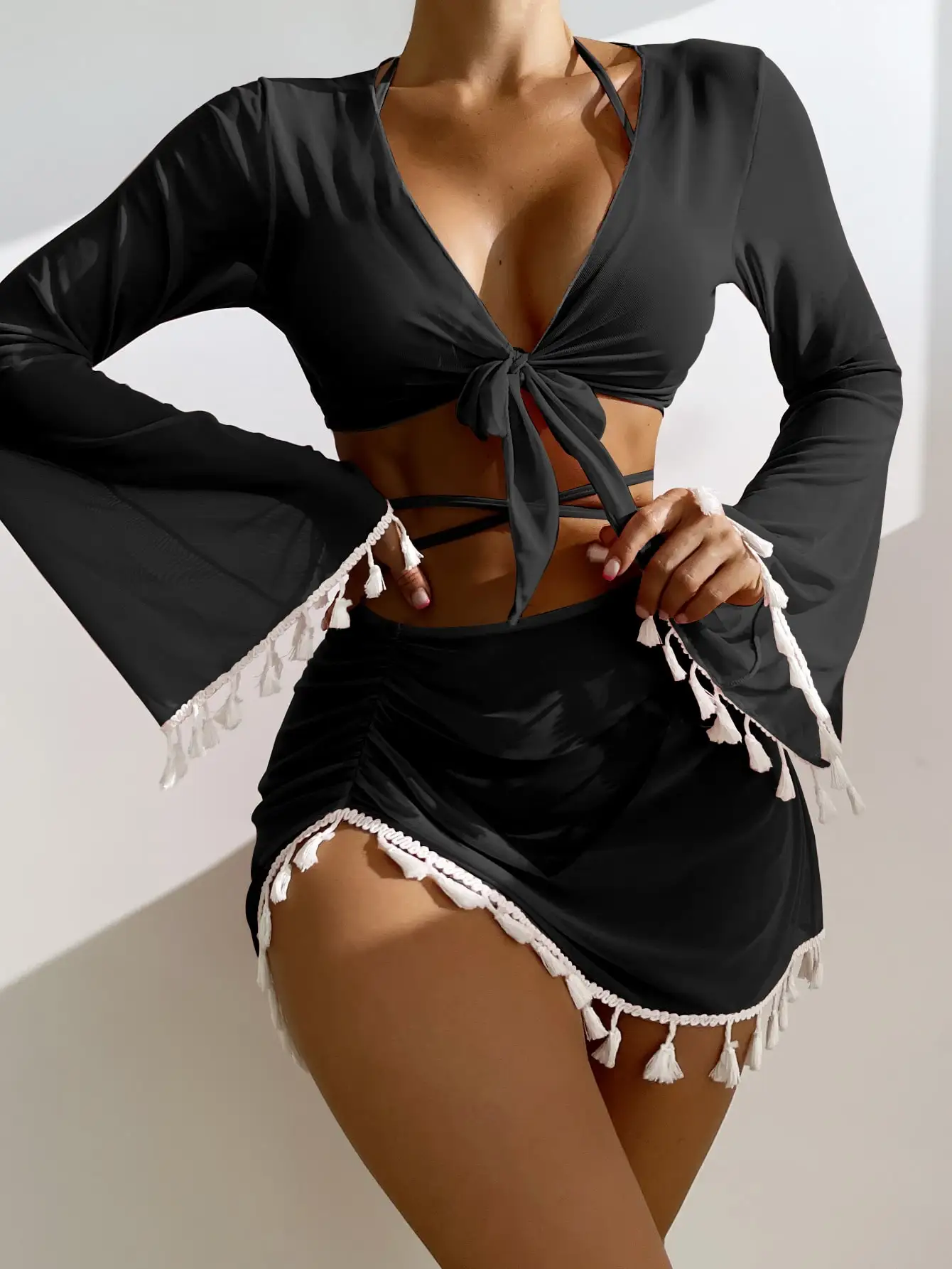 4 2025 Pieces Lace Up Halter Triangle new Bikini Swimsuit & Cover Up Top With Skirt Sexy Swimwear Women 2024 Bathing Swimming Suit Female