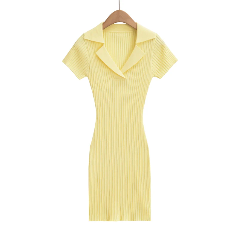 Party Dresses Mini For Women 2024 Summer Knitted Short Sleeve Dress Bodycon Black Polo Neck Vintage Clothes One Pieces