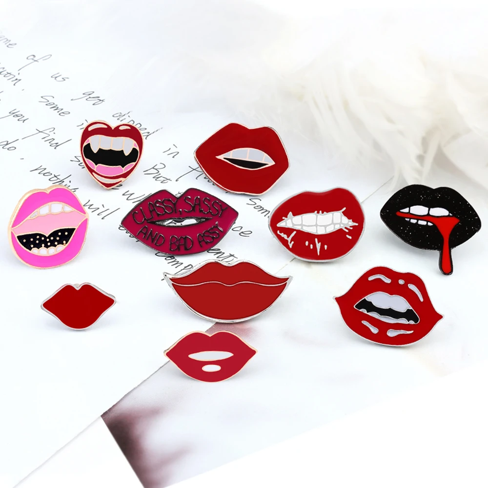 Women Sexy Red Lips Enamel Pin Personality Vampire Fangs Lip Brooch Black Shiny new 2025 Mouths Biting Tongue out Red Blood Badge Jewelry