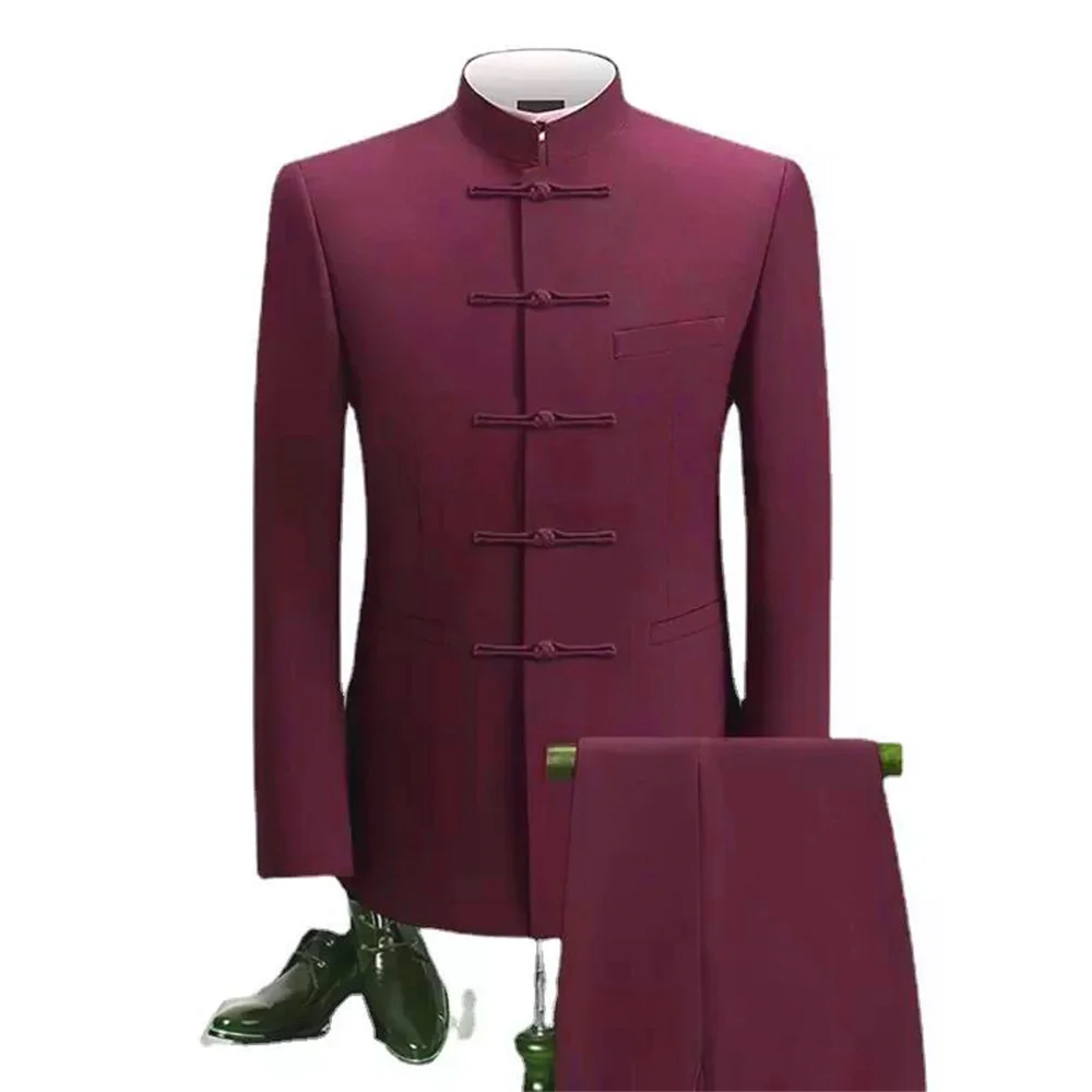 2 Pieces Men's Zhongshan Collar Chinese Tunic new Suit Formal Suits 2025 Single Breasted Groomsmen Wedding Tailored Fit (Blazer+Pants)