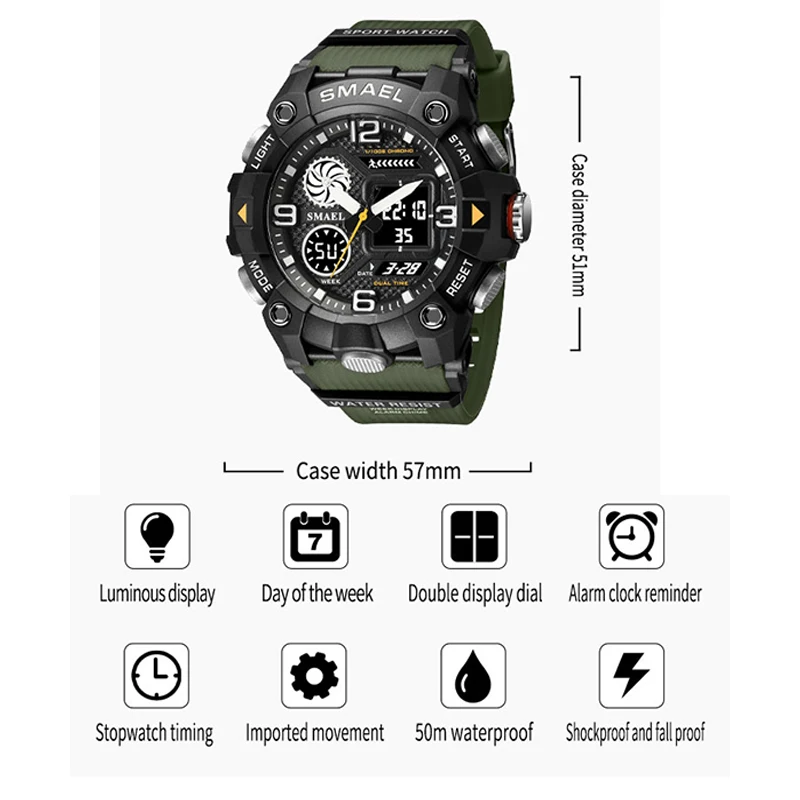 SMAEL Quartz Watch Sport 50M Waterproof Stopwatch Week Display LED Digital new Alarm Clock 2025 Male 8055 Men Watches Sports Wristwatches