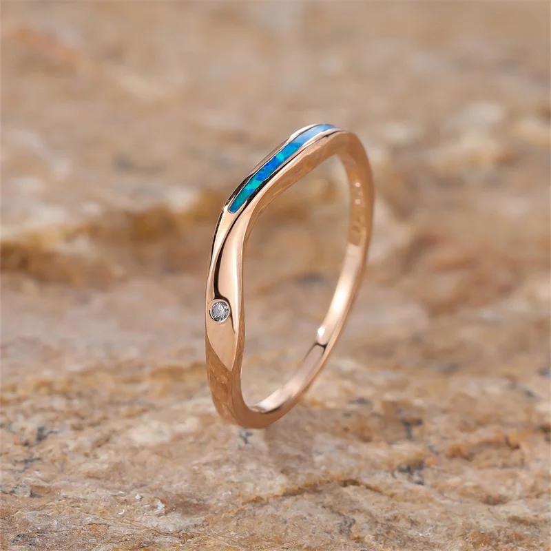 Luxury Crystal Small Round Stone Ring White Blue Opal Engagement Thin Rings For Women Rose Gold Silver Color Wedding Bands Gifts