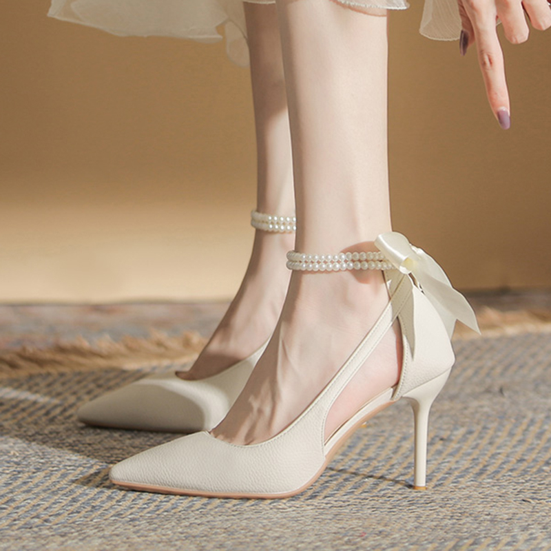 Elegant New New Ladies White Pearls Ankle Strap Pumps for Wedding Women Silk Back Bowtie High Stiletto Heeled Women's Shoes c9f8 's
