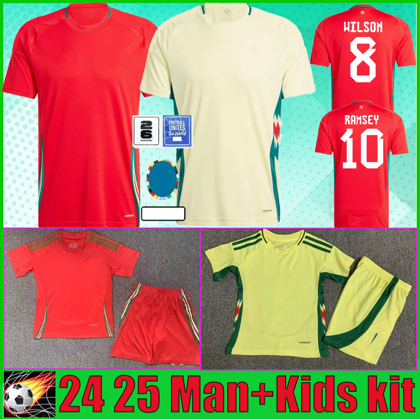 Wales 24 25 Soccer Jerseys WILSON BALE ALLEN RAMSEY 2024 National Team Football Shirt BROOKS JOHNSON Home Red Away Yellow Man kids kit Uniforms