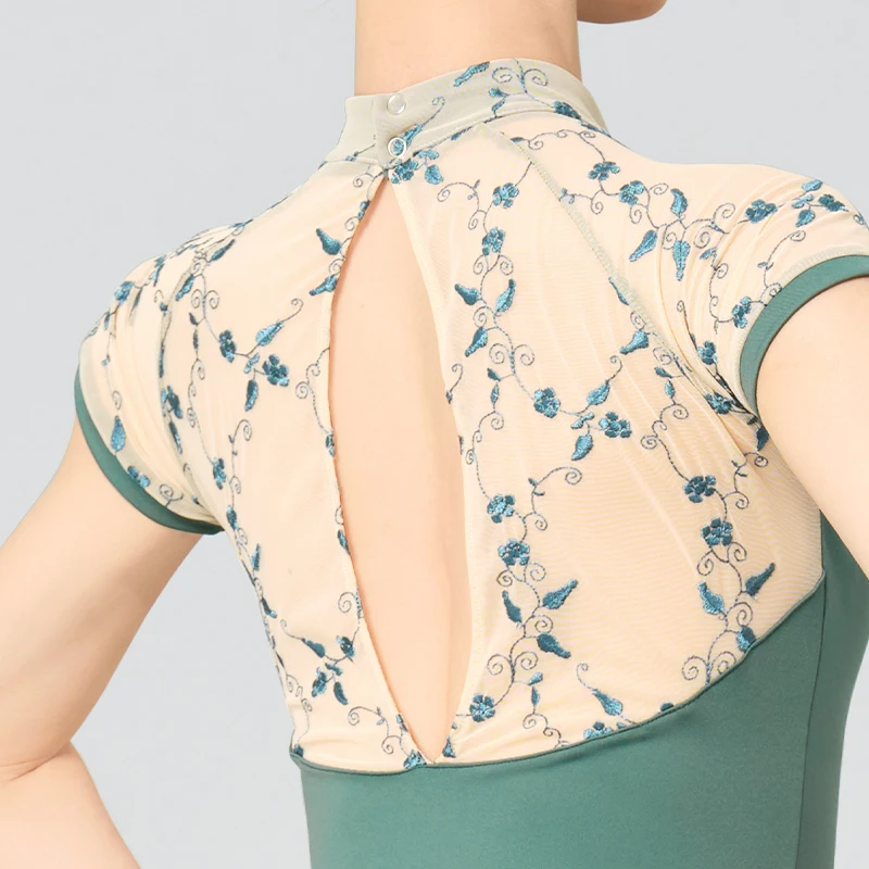 Women Ballet Leotards Stand 2025 Collar Embroidery Gymnastics Leotards Adult Ballet Dancing Costumes Short Sleeve new Dance Bodysuits
