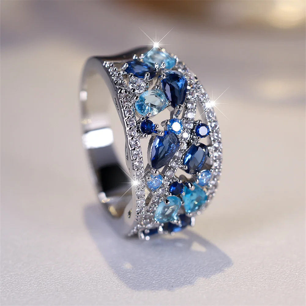 Royal Blue Crystal Water Drop Stone Ring Simulated Aquamarine Engagement Rings For Women Vintage Silver Color Wedding Party Band
