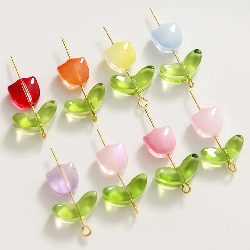 50pcs/Lot 9mm new Tulips Flower Lampwork Beads Multicolor Glass Flora Beads 2025 Multicolor Loose Beads For DIY Bracelets Jewelry Making