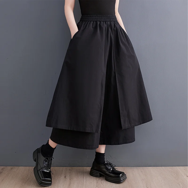 #2912 new Black Wide Leg Pants Women Pockets Loose Asymmetrical Trousers Female Double 2025 Layer Streetwear Baggy Pants High Waisted