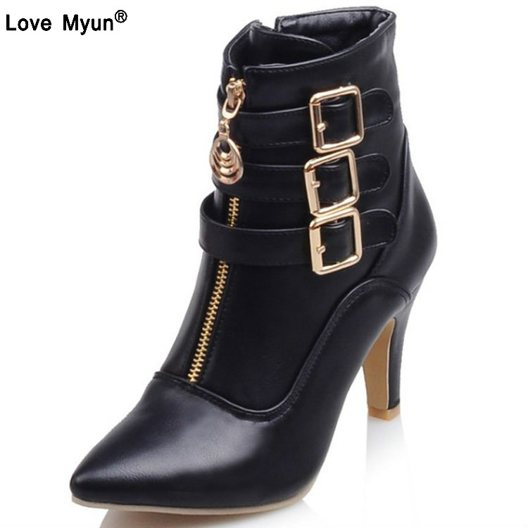 Women Shoes Boots Spring High Heels Ankle Boots Pointed Toe Buckle Boots Zip Ladies Shoes White Big Size 2023