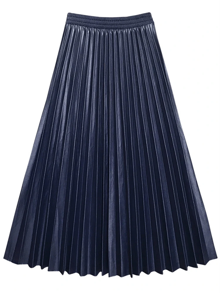 Seoulish new Women Autumn Winter PU Leather Pleated Skirts 2025 Elastic High Waist Fashionable All-match Midi Skirt Female 2022 New