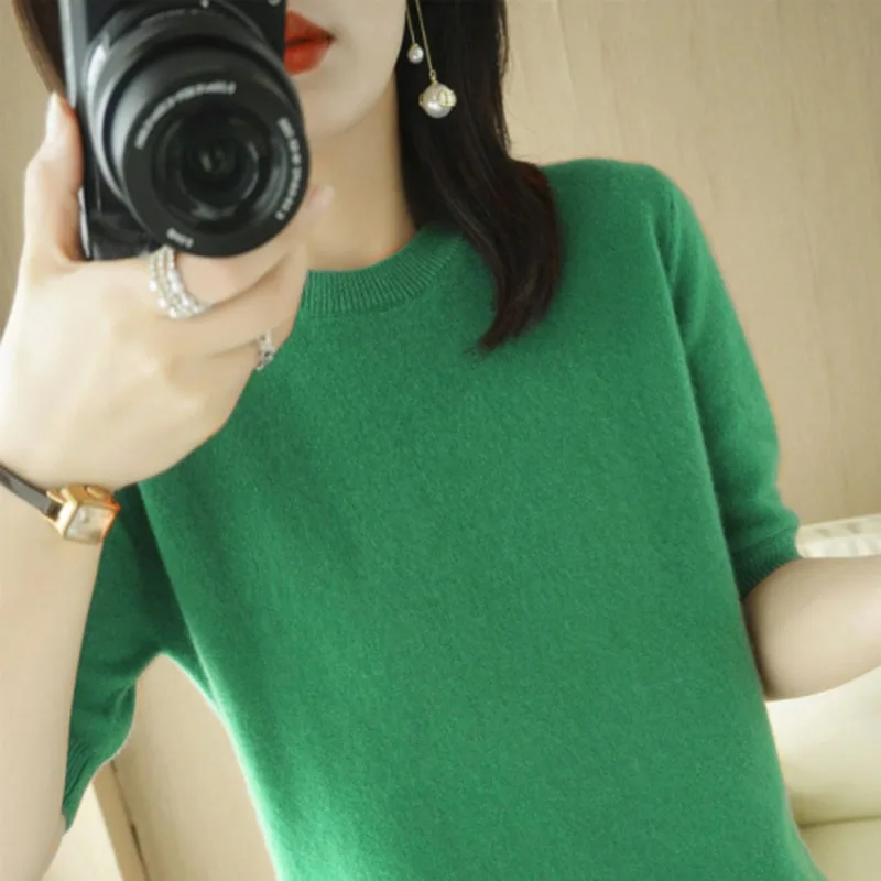 Spring new Summer Women Sweater 2023 Short Sleeve O-neck Slim Fit Knitted 2025 Pullovers Bottoming Casual Knitwear Green Pink Clothes