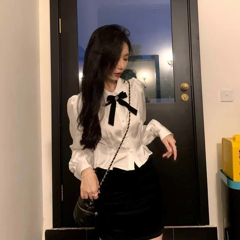 QWEEK White Shirts Woman new Kawaii Lace Lolita Blouses Sweet Tunics Fairycore Peter Pan Coller Crop Long 2025 Sleeve Tops Preppy Korean